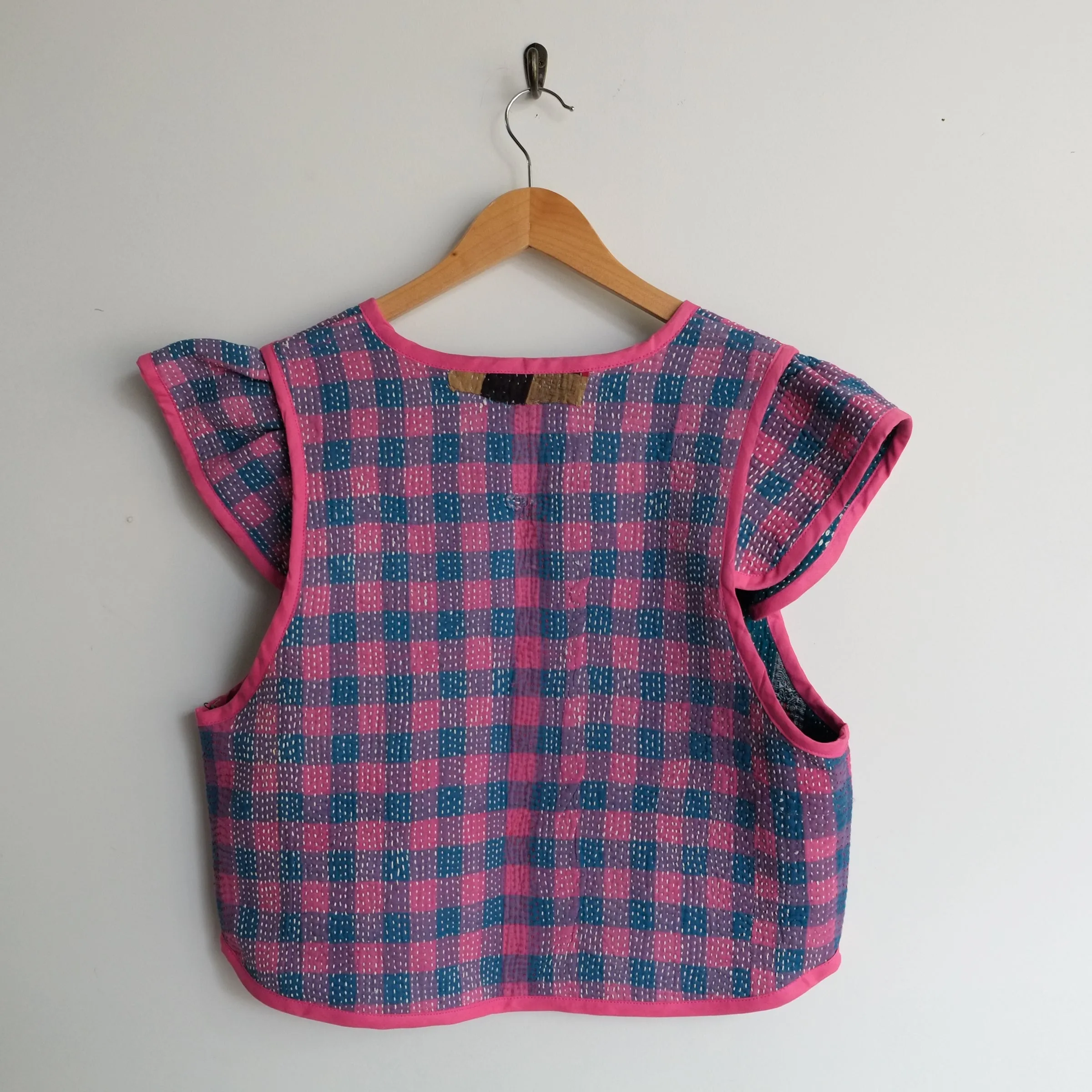 Amelia Flutter Sleeve Vest Magenta and Teal Check L066
