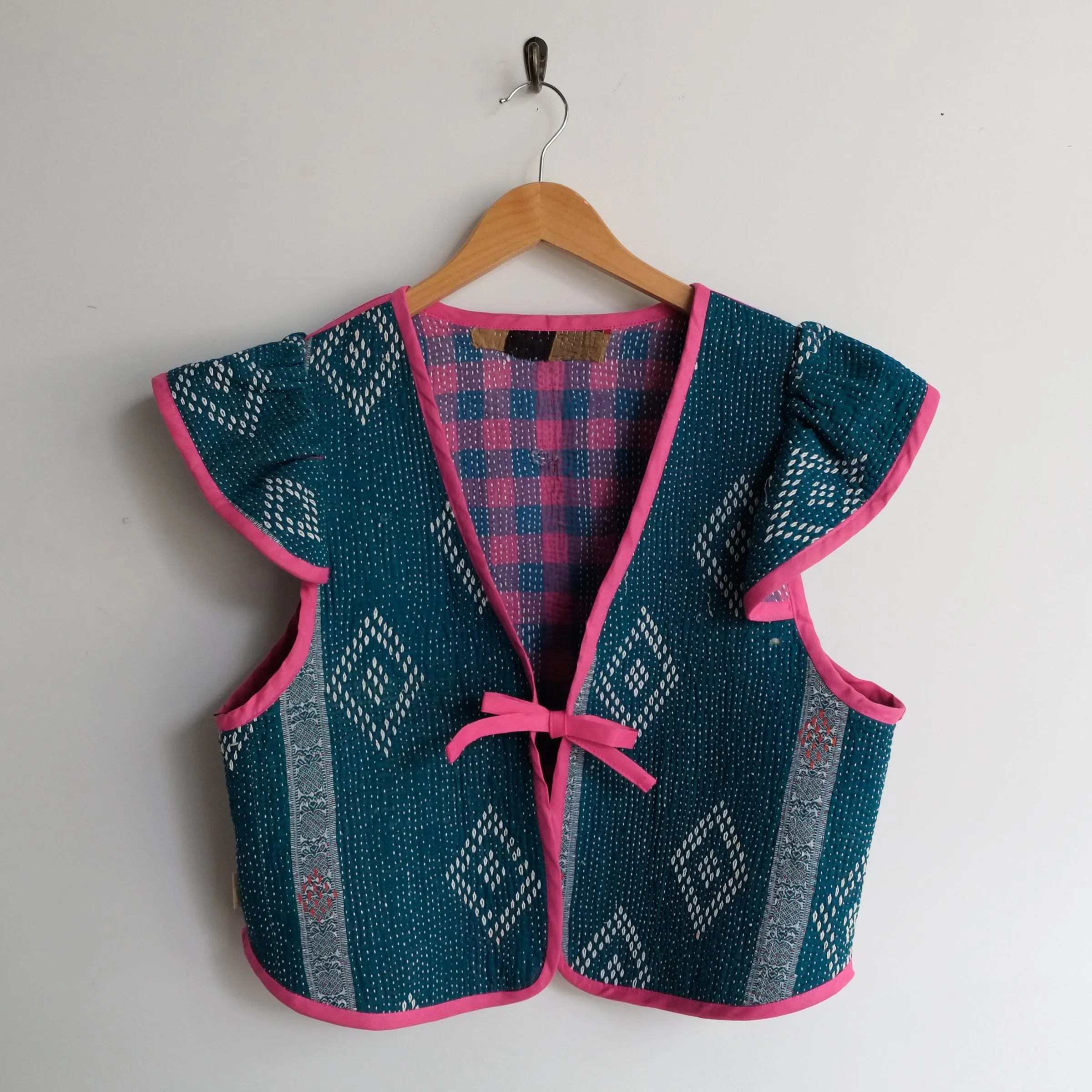 Amelia Flutter Sleeve Vest Magenta and Teal Check L066