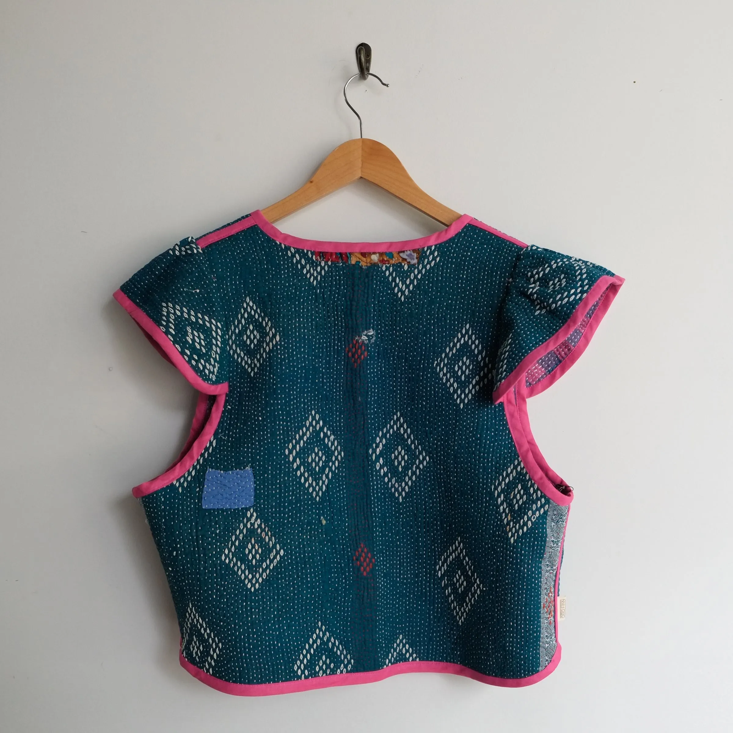 Amelia Flutter Sleeve Vest Magenta and Teal Check L066