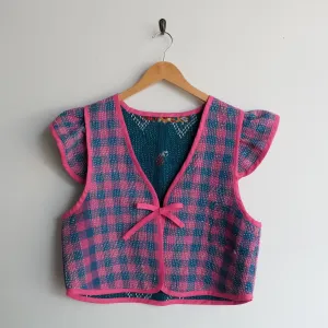 Amelia Flutter Sleeve Vest Magenta and Teal Check L066