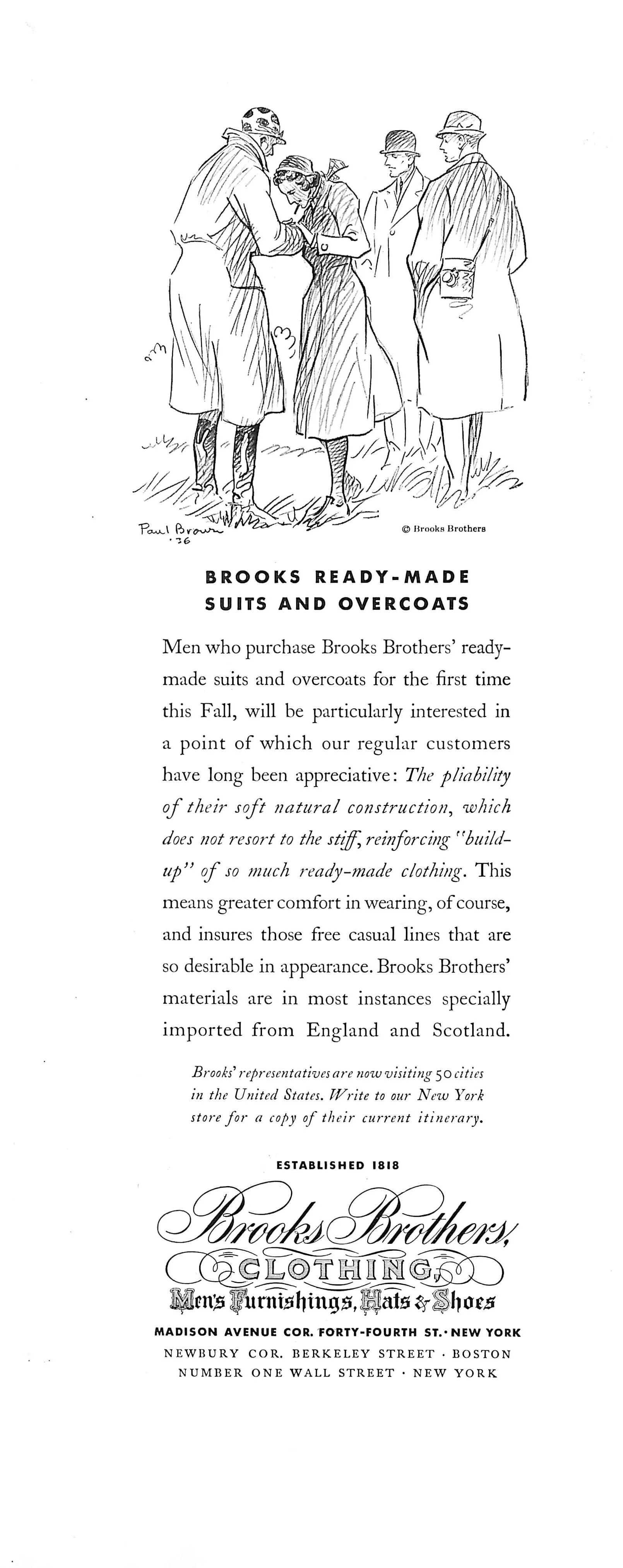 Brooks Brothers Ready-Made Suits And Overcoats 1936 Advert Page w/ Paul Brown Illustration