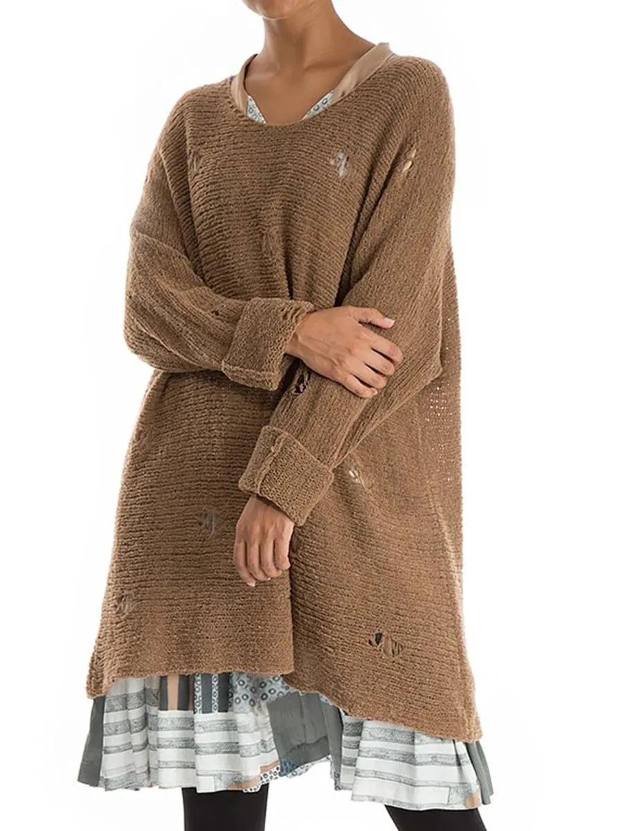 Casual Loose Solid Color Long-sleeved Ripped Top