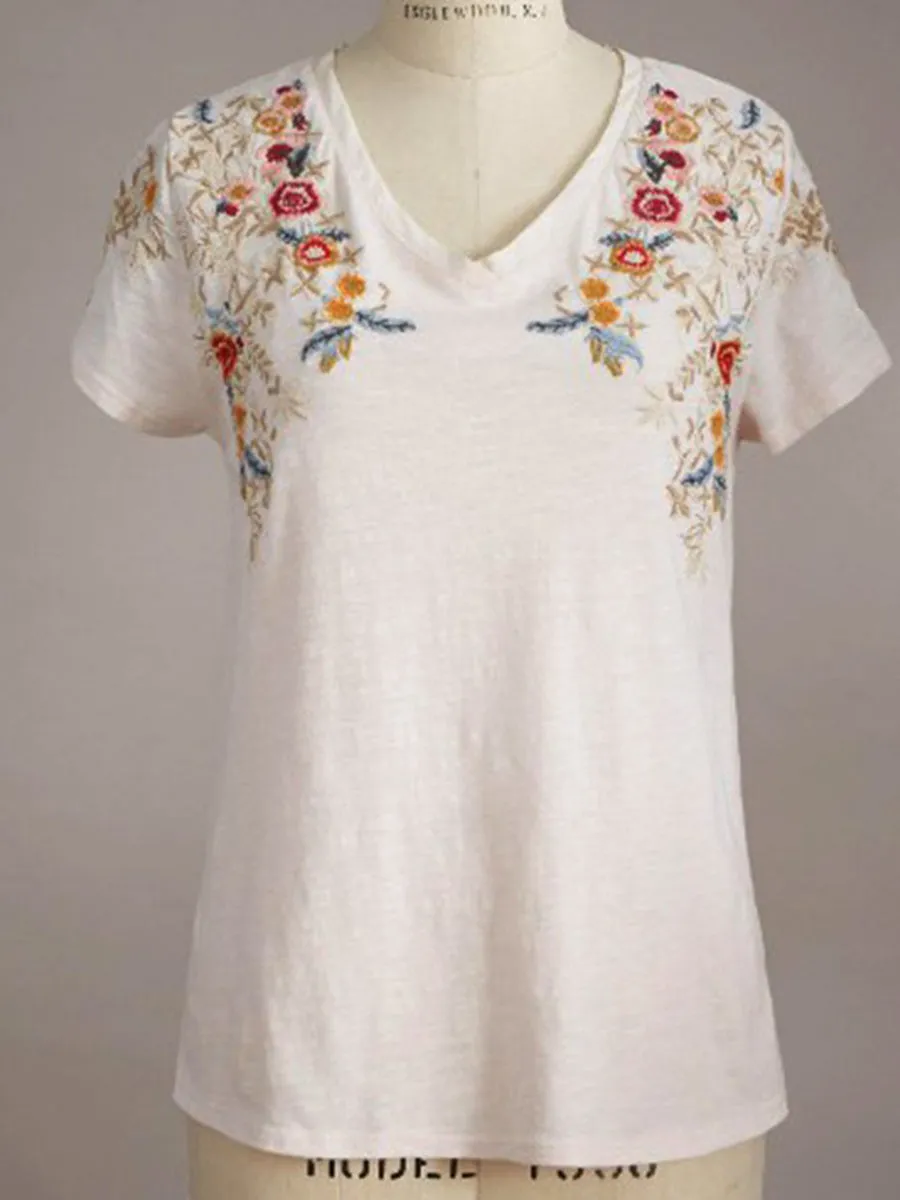 Cotton-Blend Crew Neck Casual Plain T-shirts
