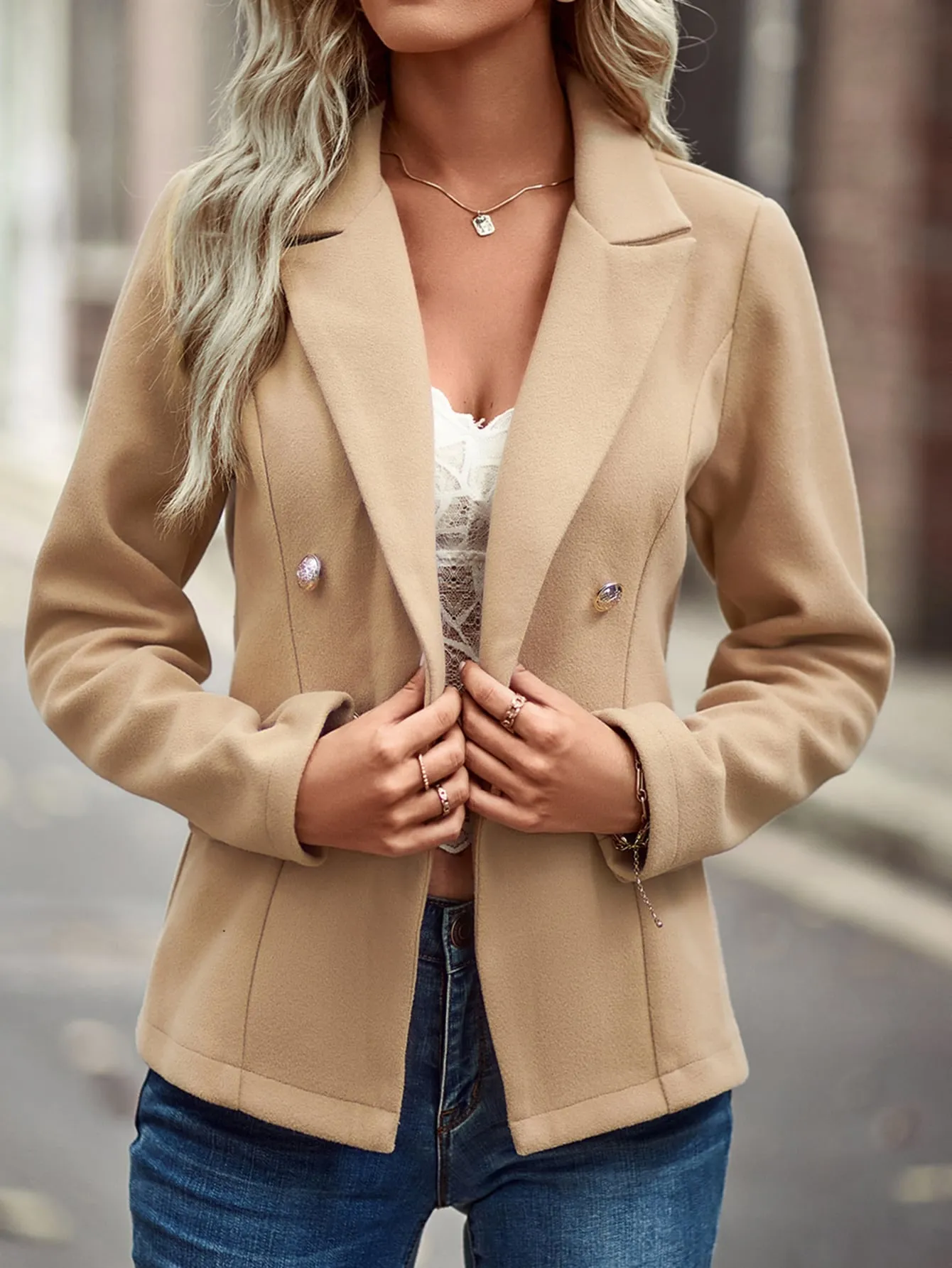 Double Breasted Lapel Collar Tweed Overcoat