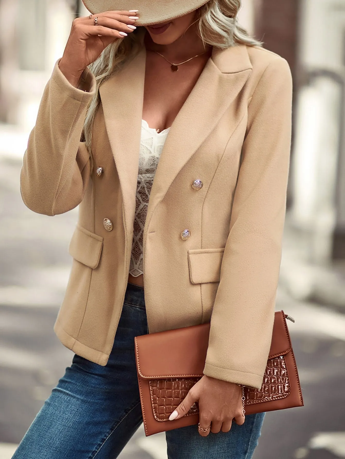 Double Breasted Lapel Collar Tweed Overcoat