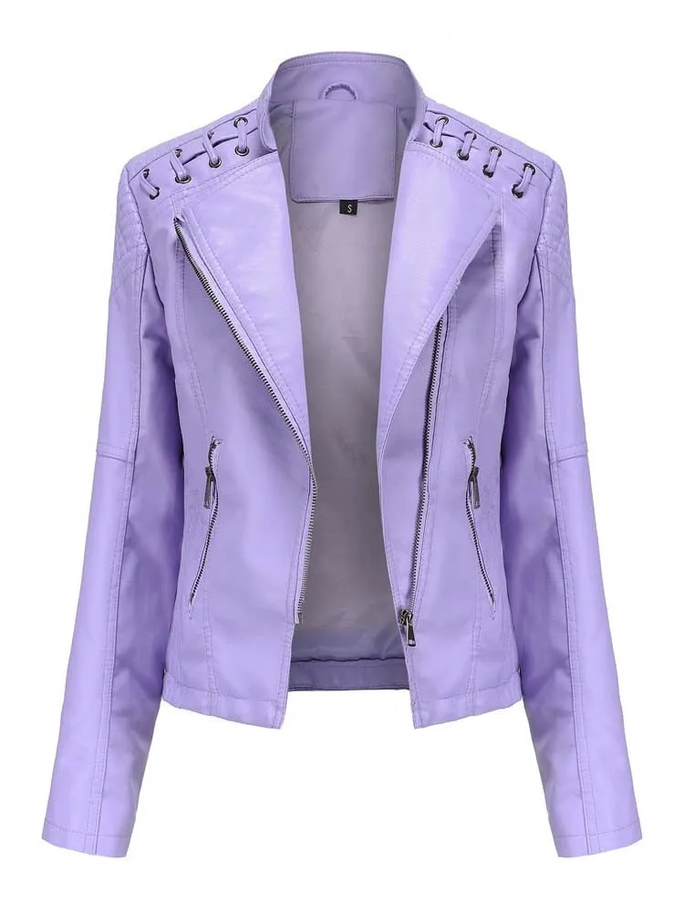 Faux Leather Ladies Zipper Slim Biker Motorcycle Jacket