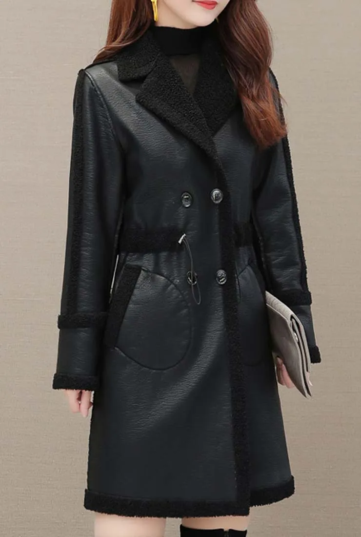 Faux Leather Mid-Length Trench Coat With Fur(Plus Size)
