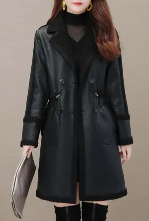 Faux Leather Mid-Length Trench Coat With Fur(Plus Size)
