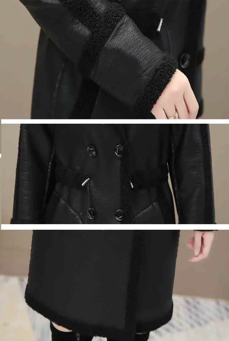 Faux Leather Mid-Length Trench Coat With Fur(Plus Size)