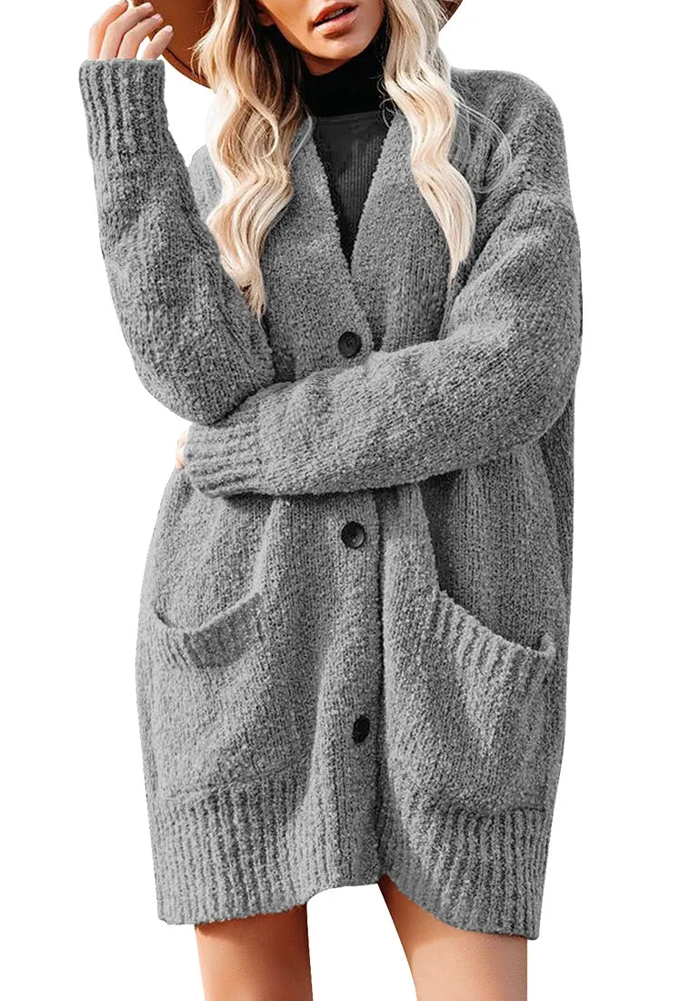 Grey Button Down Drop Shoulders Oversized Knit Cardigan