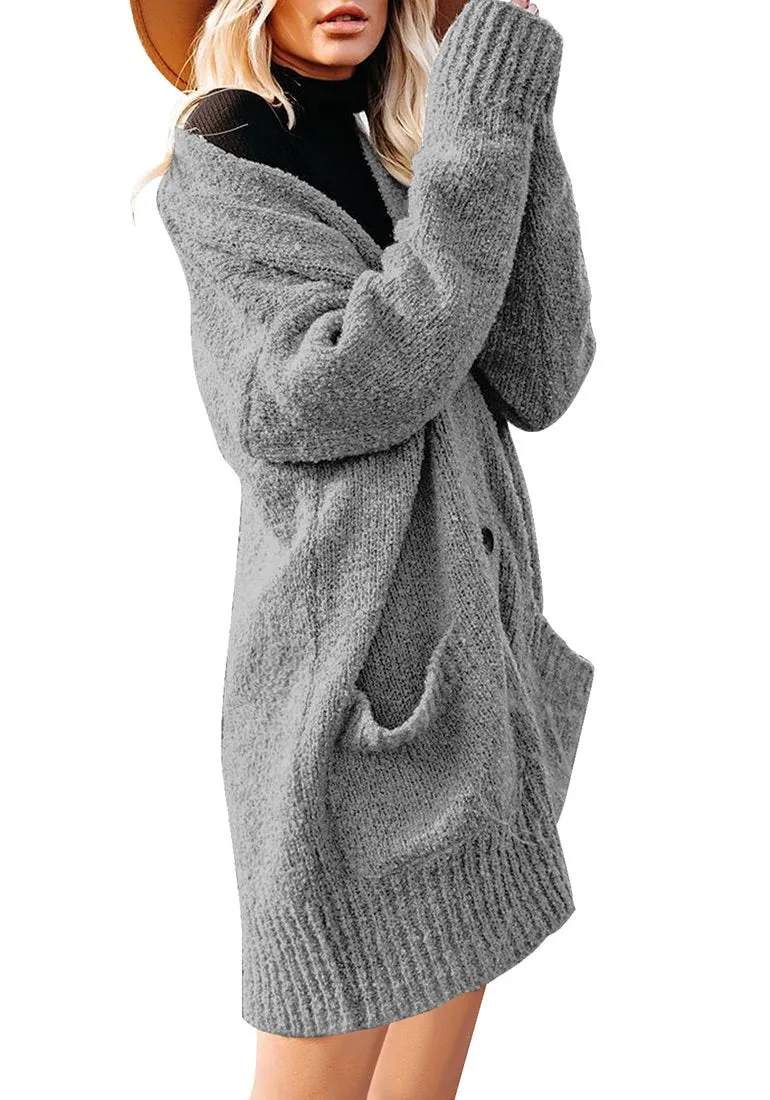 Grey Button Down Drop Shoulders Oversized Knit Cardigan