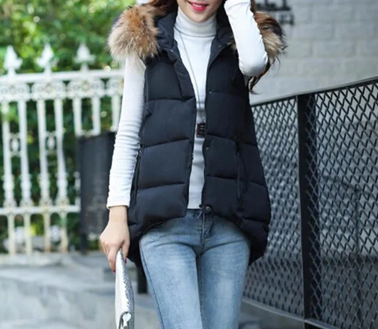 Long Winter Women's Vest With Fur Collar
