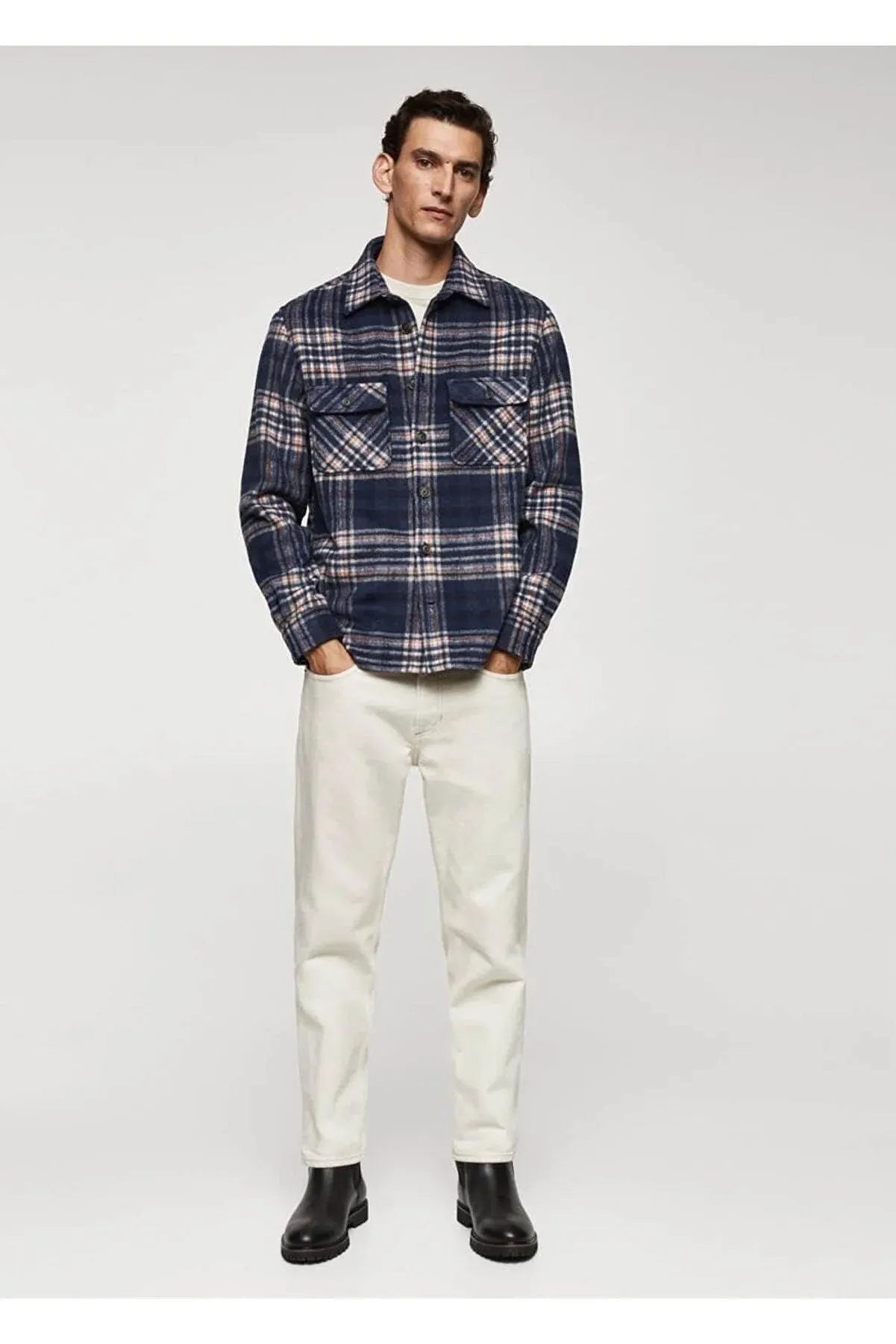 Mango Men's Checked Wool Blend Shirt Jacket