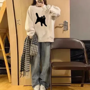 Metaversmall Grey O-neck Vintage Chic Printed Loose Female Hoodies American Autumn New Solid Color Casual Long Sleeve Women Hoodies