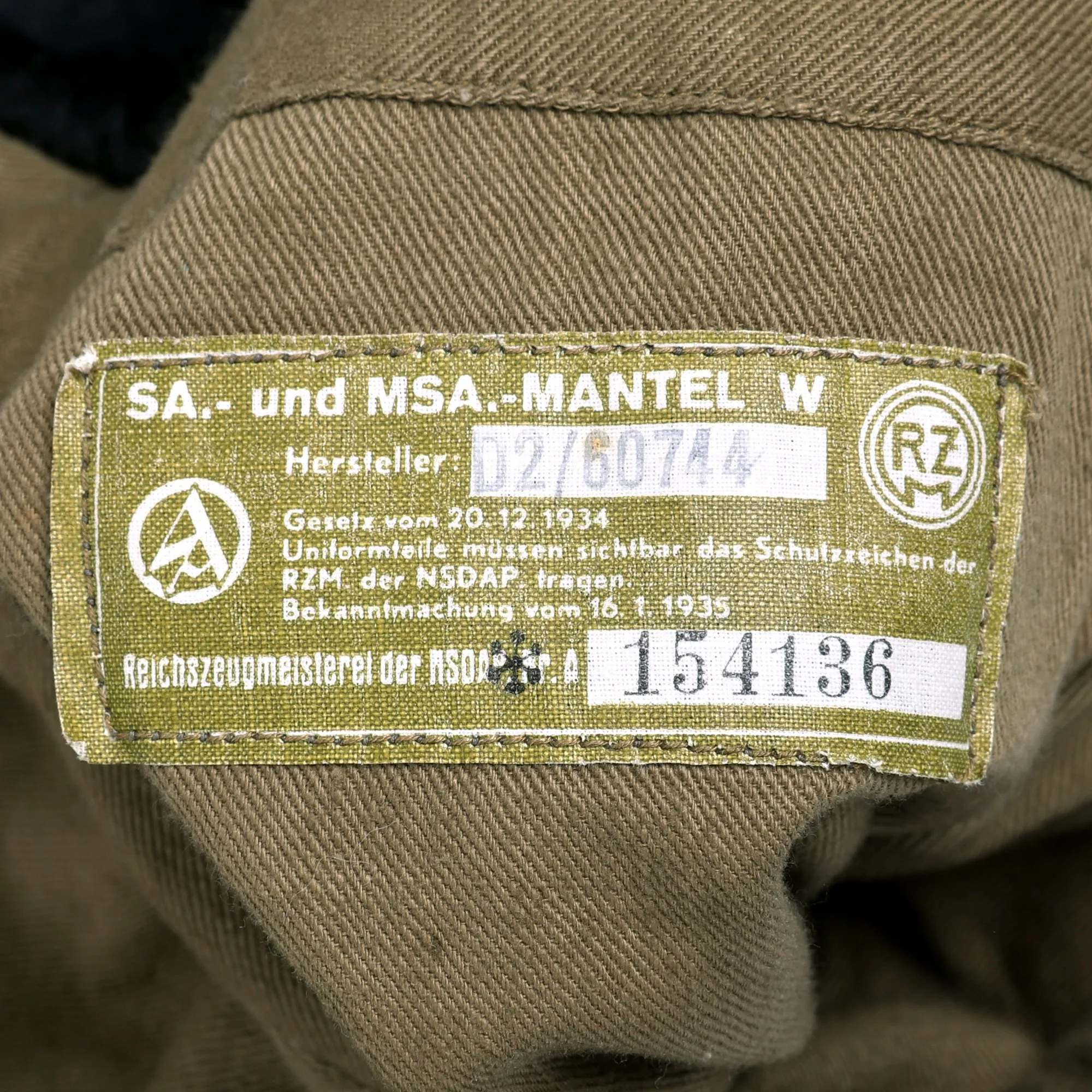 Original WWII German NSDAP and SA Brown Wool Mantel Greatcoat with Armband and RZM Tag - Sturmabteilung