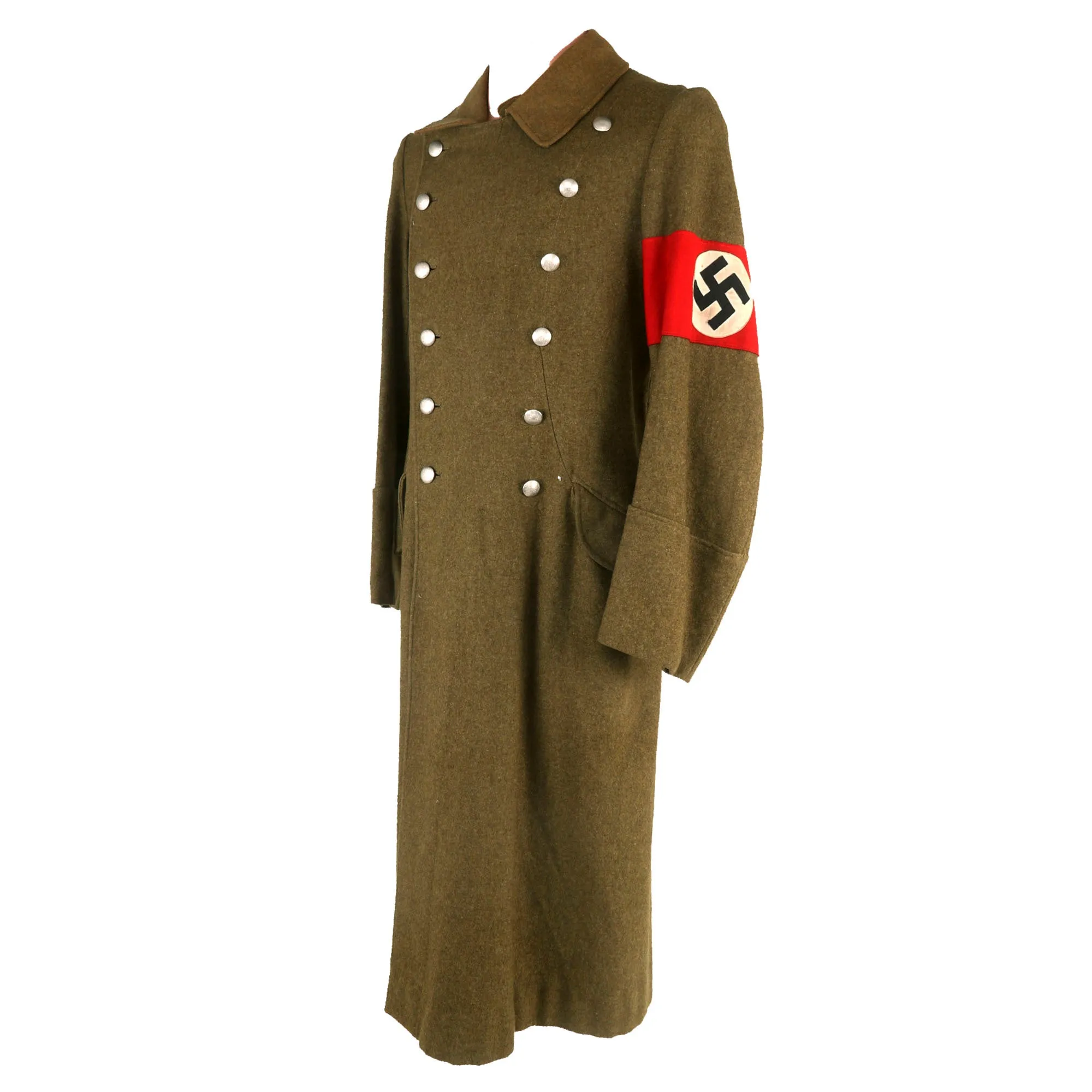 Original WWII German NSDAP and SA Brown Wool Mantel Greatcoat with Armband and RZM Tag - Sturmabteilung
