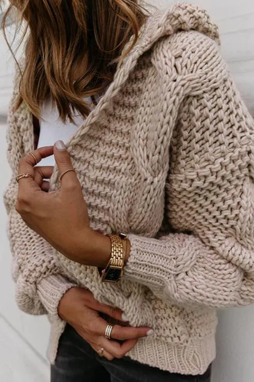 Oversized Braided Knitted Chunky Sweater Hoodie Cardigan Sweater Jacket