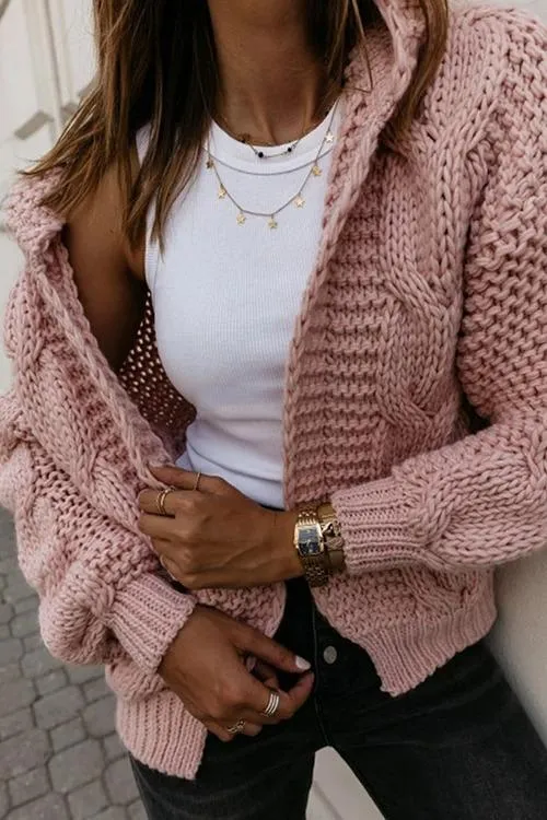 Oversized Braided Knitted Chunky Sweater Hoodie Cardigan Sweater Jacket