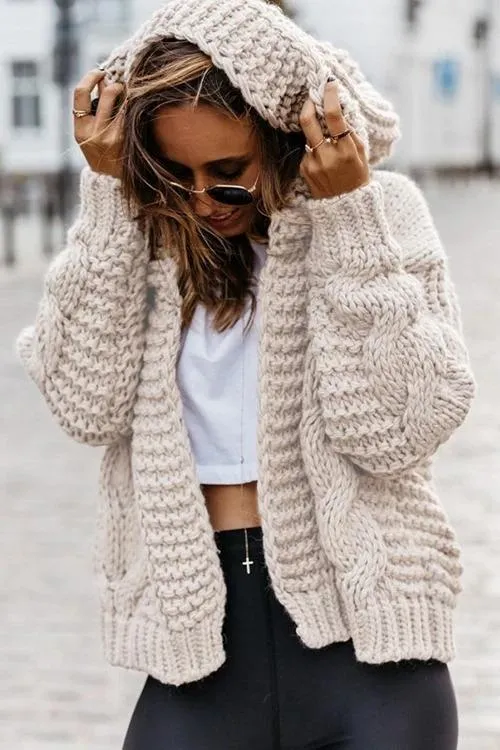 Oversized Braided Knitted Chunky Sweater Hoodie Cardigan Sweater Jacket