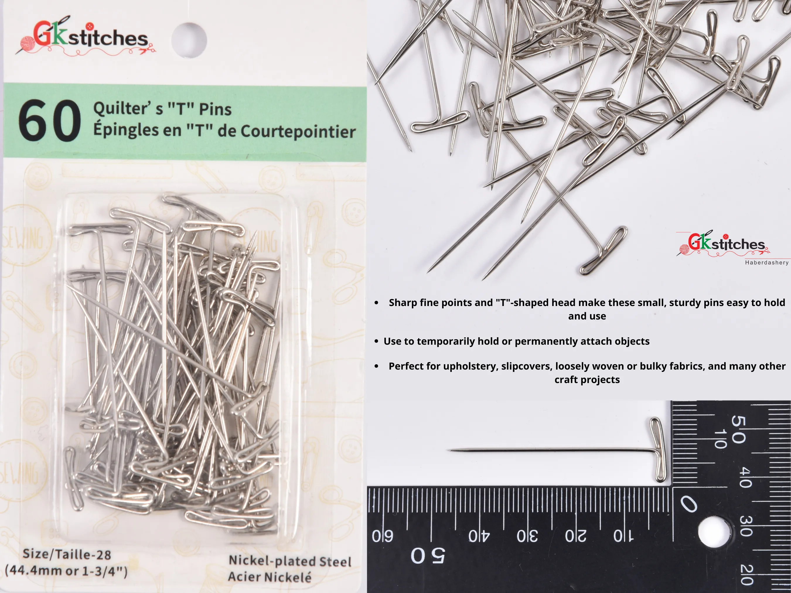 Quilter's T-Pins, 60 pieces per pack
