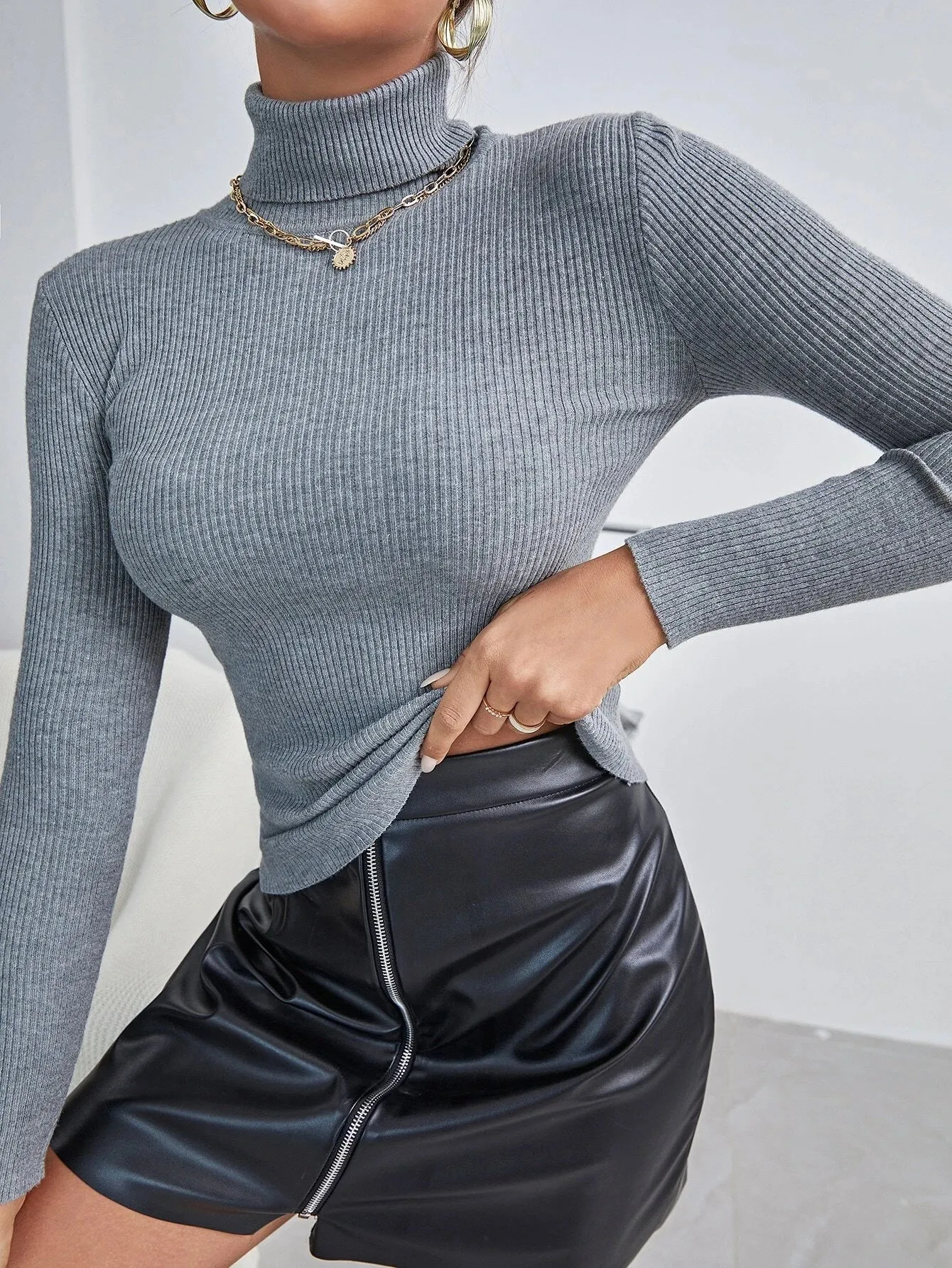 Shein Solid High Neck Rib Knit Sweater
