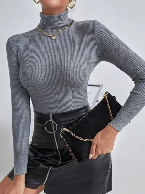 Shein Solid High Neck Rib Knit Sweater