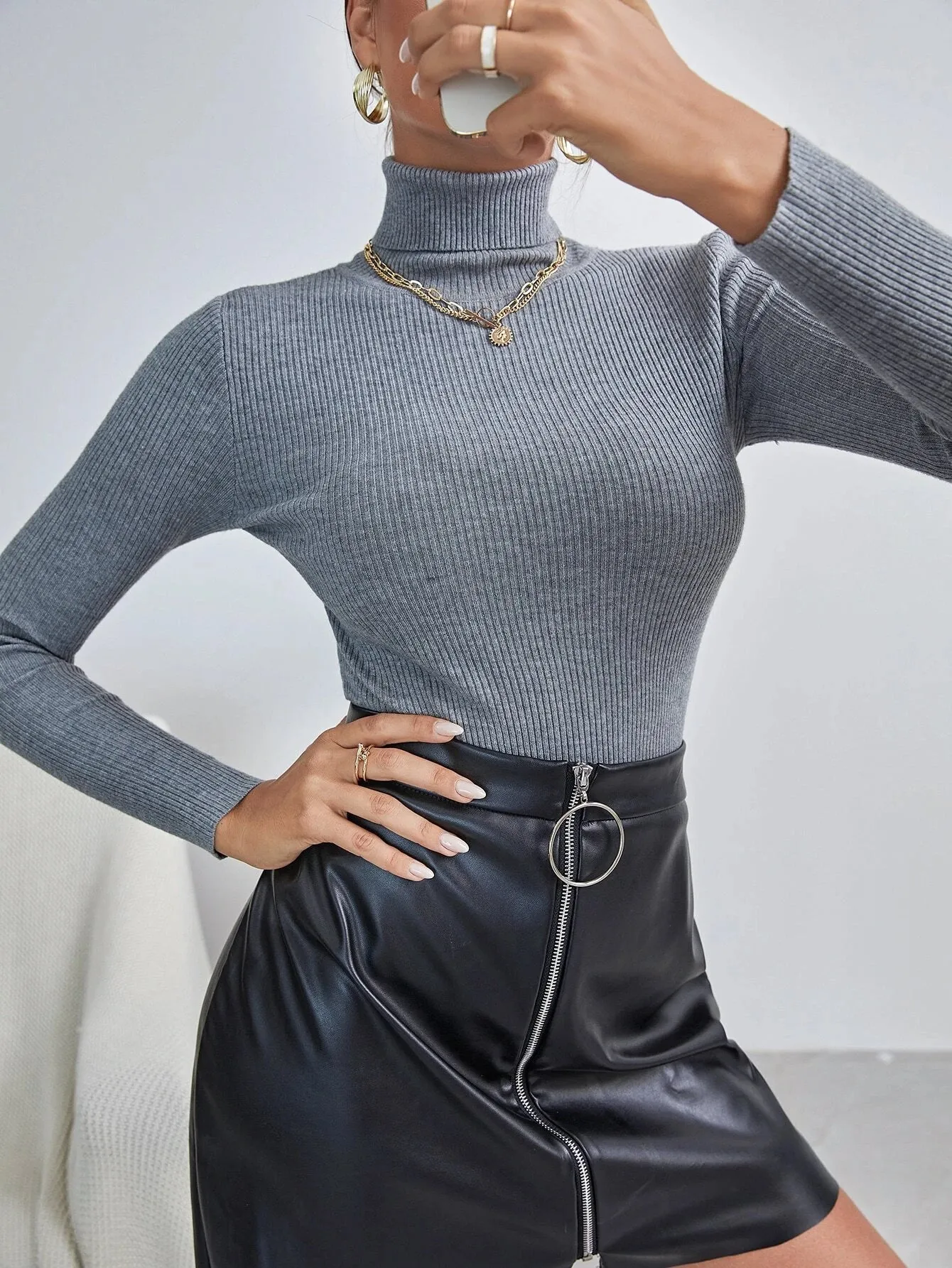 Shein Solid High Neck Rib Knit Sweater