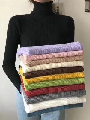 Simple Women Turtleneck Sweater Winter Fashion  Elastic Knit Ladies Jumper Casual
