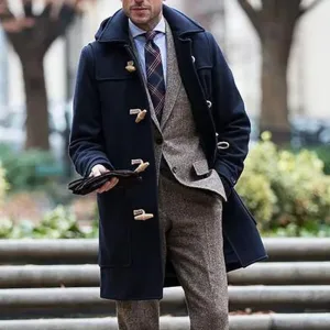Wiaofellas  -  Vintage Buttoned Lapel Long Coats Mens Fall Winter Fashion Trench Windbreaker Solid Color Long Sleeve Men Overcoats Streetwear