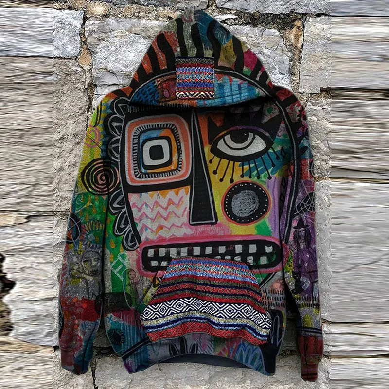 xiangtuibao New Casual Warm Pullover Tops Fashion Totem Printing Hooded Sweatshirt Autumn Winter Casual Long Sleeve Loose Hoodies Streetwear